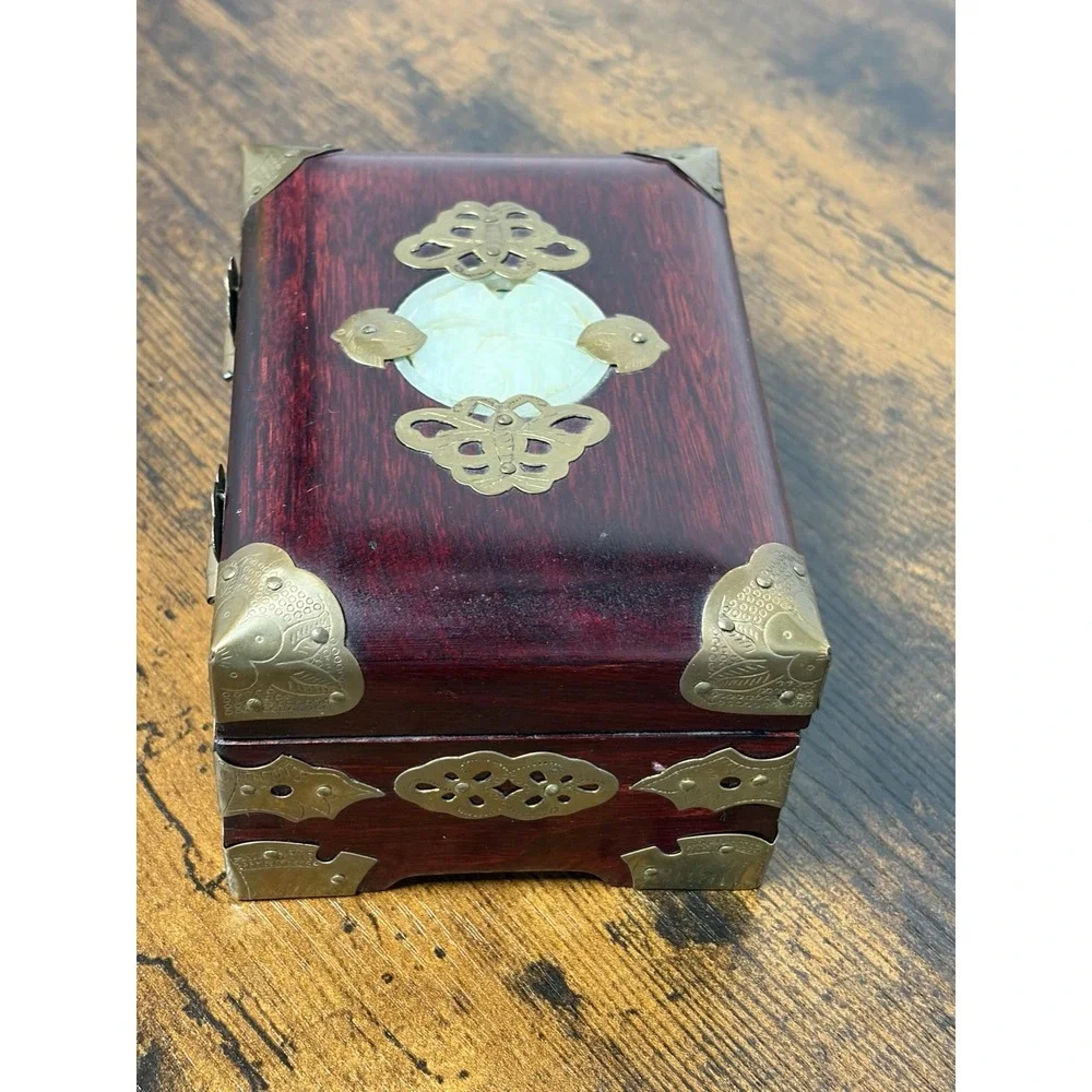 Vintage Chinese Jewelry Box Red Wood Jade Brass Fish Floral Details 5